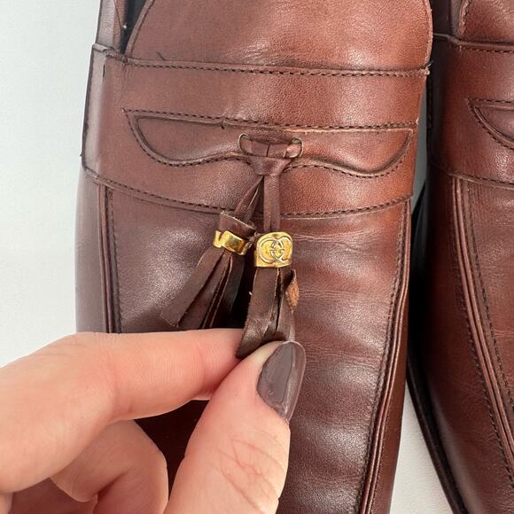 Vintage Gucci Mens Brown Leather Tassel Loafers Sz 45.5 (EU) Quiet Luxury Preppy - Picture 6 of 13